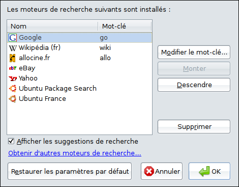 Éditer les moteurs de recherche